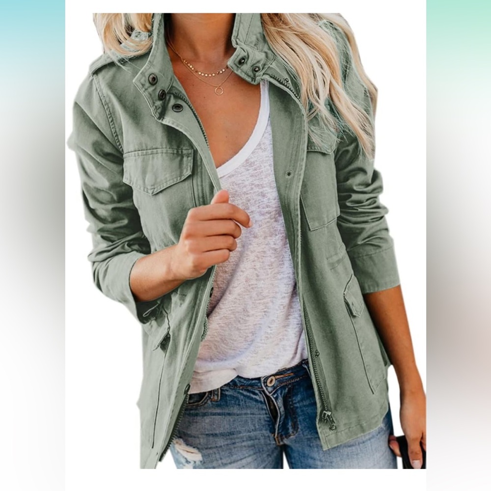 Women’s Military Jacket Zip Up Snap Button with Pockets - Picture 4 of 5
